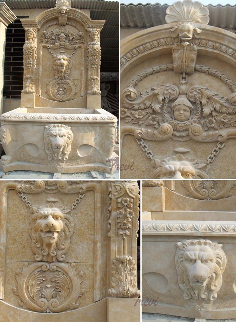 Antique beige marble lion head wall garden fountains details