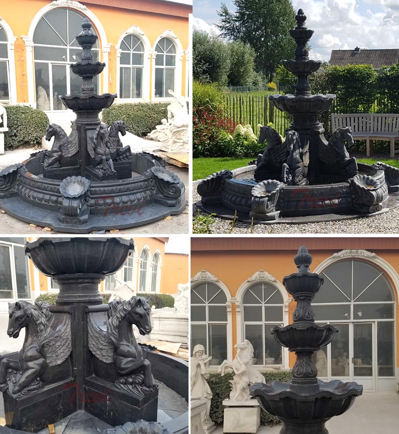 Details of black marble garden tiered water fountains with horse statues outdoor