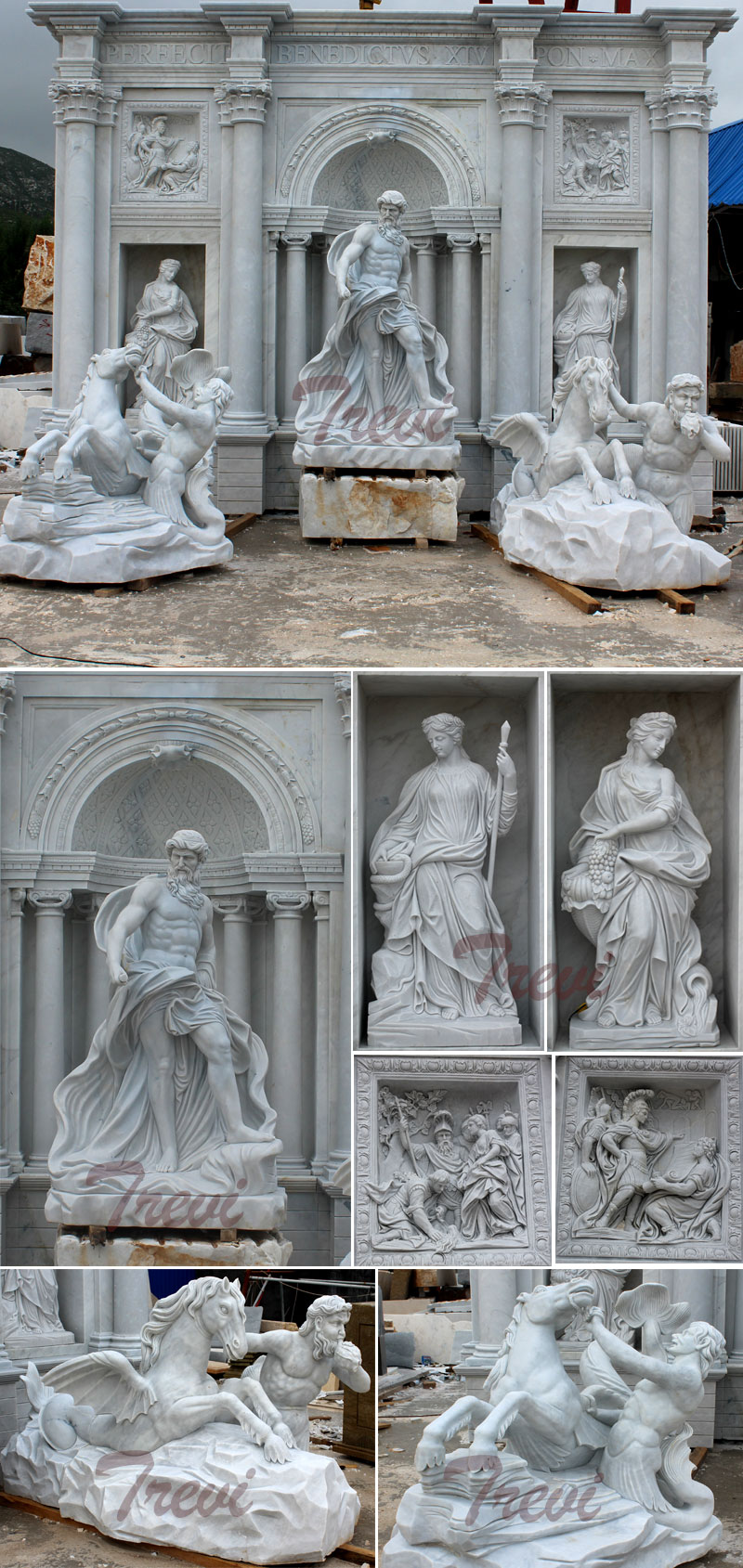 Famous Trevi marble water fountains for the entrance of the park details