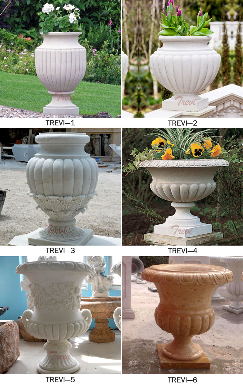 Indoor white marble urn pots for patio decor designs