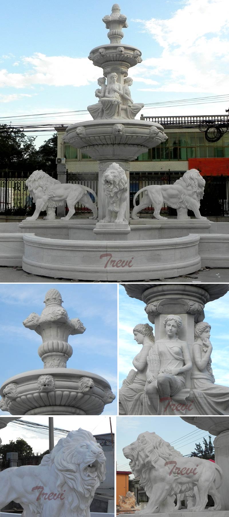 Large outdoor tiered water fountains with lion statues detail