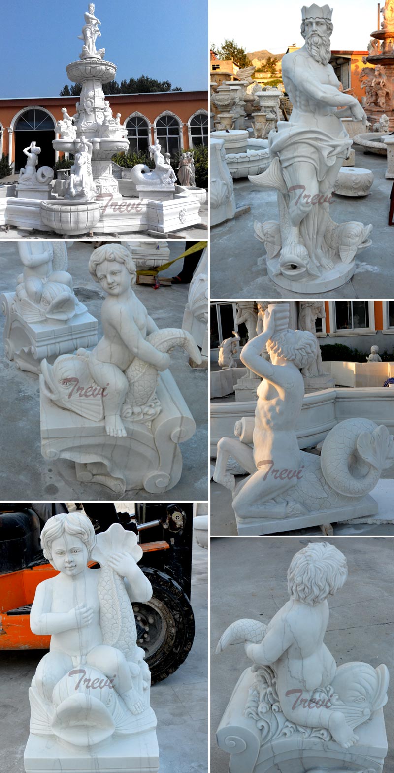 Luxury white marble water fountain with statues for the center of the hotel designs