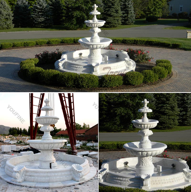 Outdoor classical three tiered water fountains in the center of the garden details