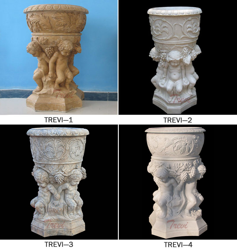 Outdoor garden decor beige marble flower urns pot with angel statues designs