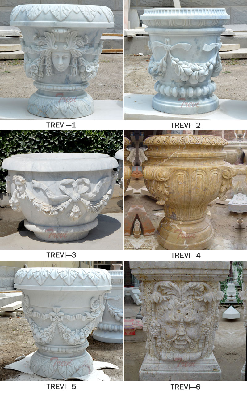 Outdoor garden white marble carving flower planter pots with woman face decor designs