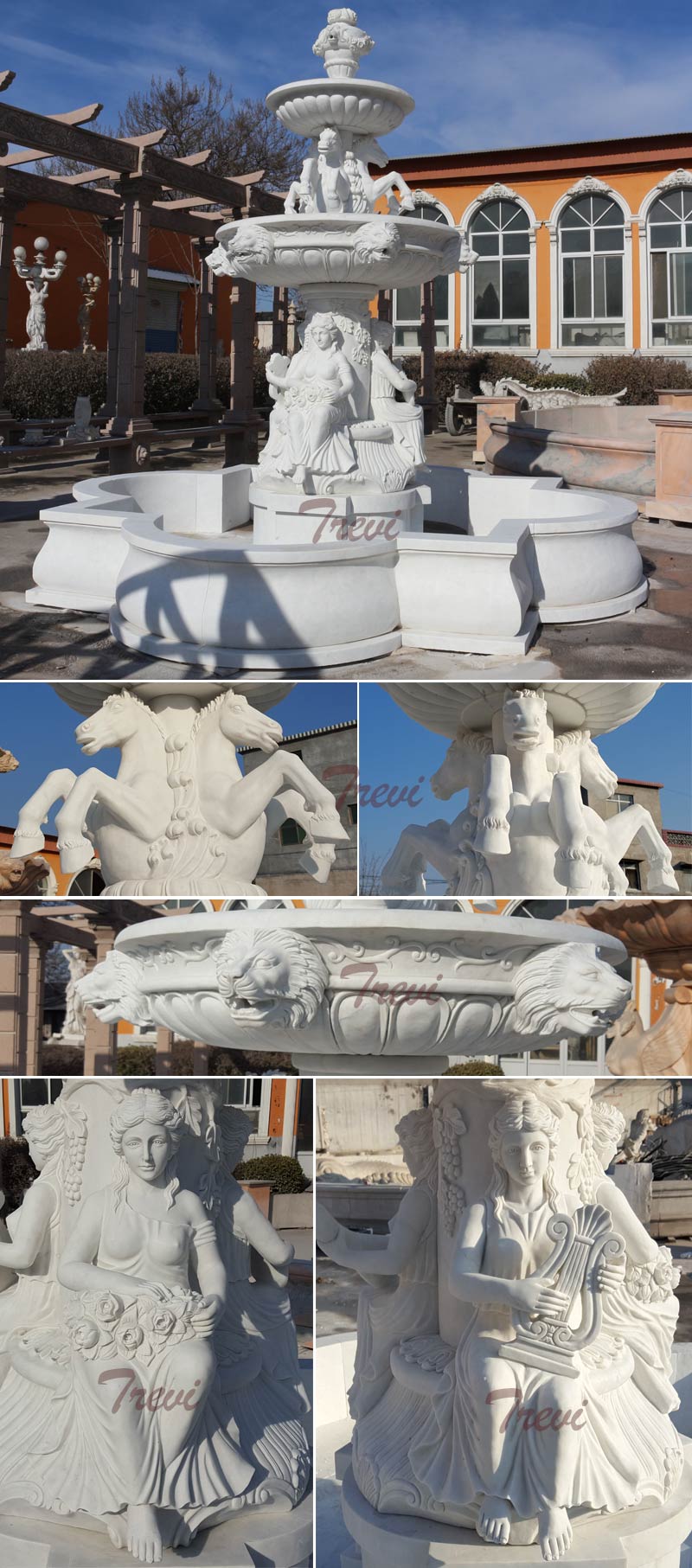 Outdoor white marble big water fountains with horse and woman statues for the decor of public park designs