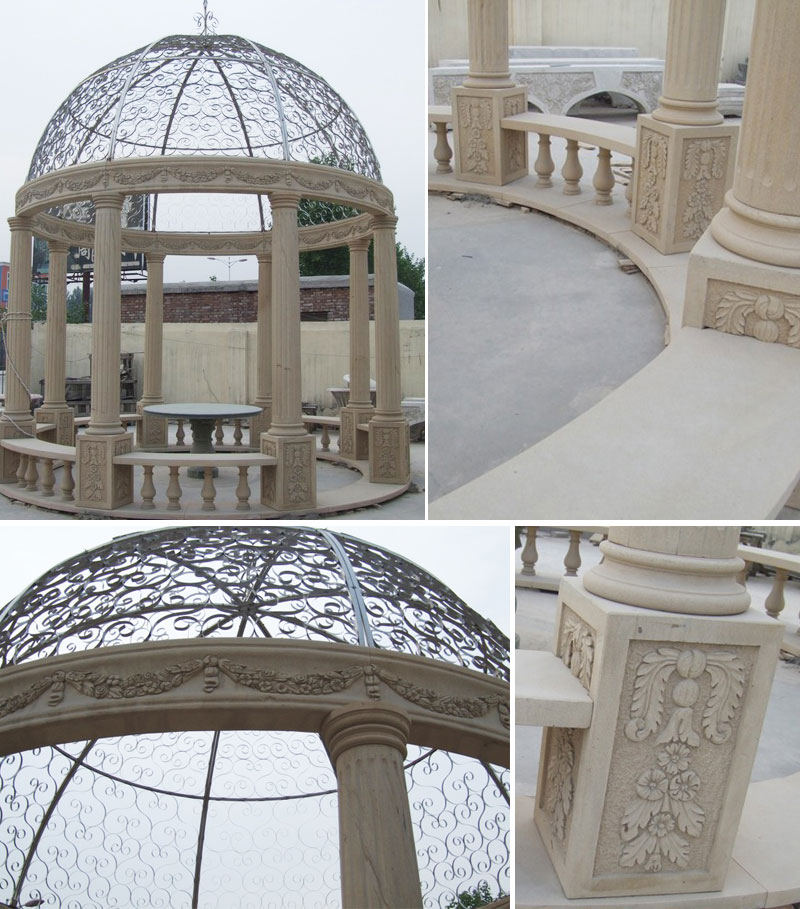 Antique marble round pavilion with iron roof for backyard outdoor decor details