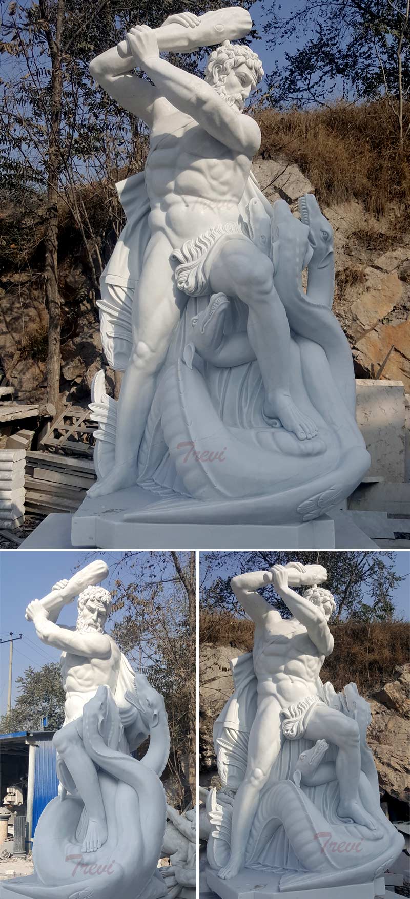 Famous marble art Hercules fighting hydra snakes statues details