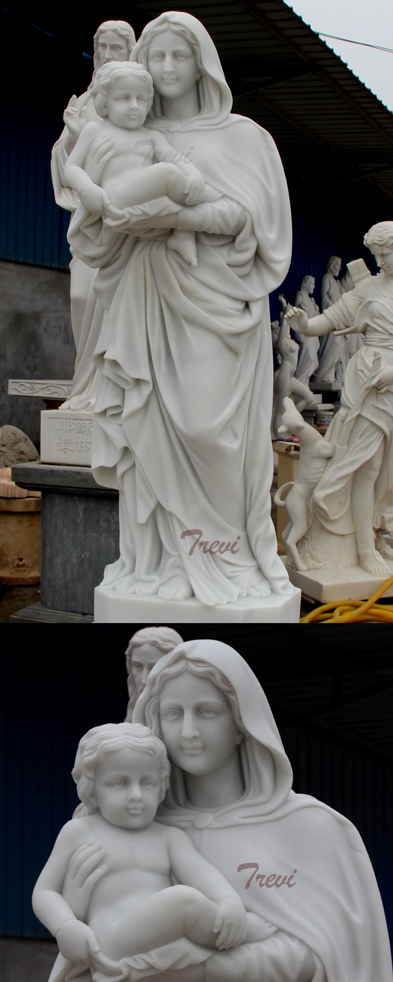 Mother Mary hold Baby Jesus life size marble statues details