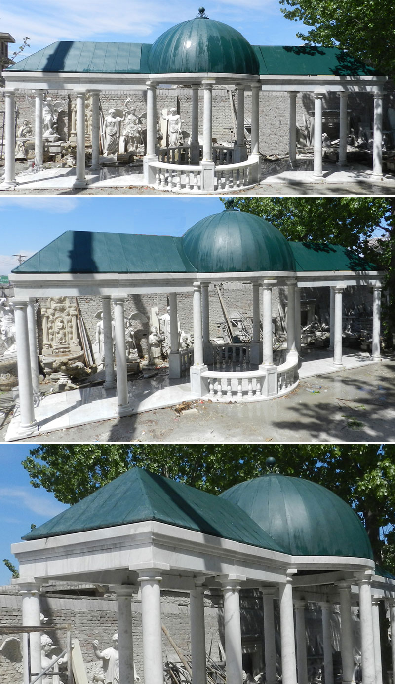 Outdoor elegant white marble pavilion with green hardtop designs details