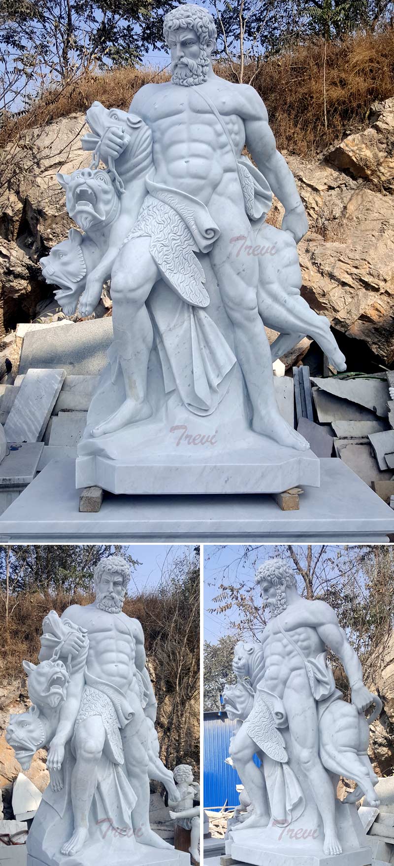 Outdoor life size marble Hercules and Cerberus garden statues details