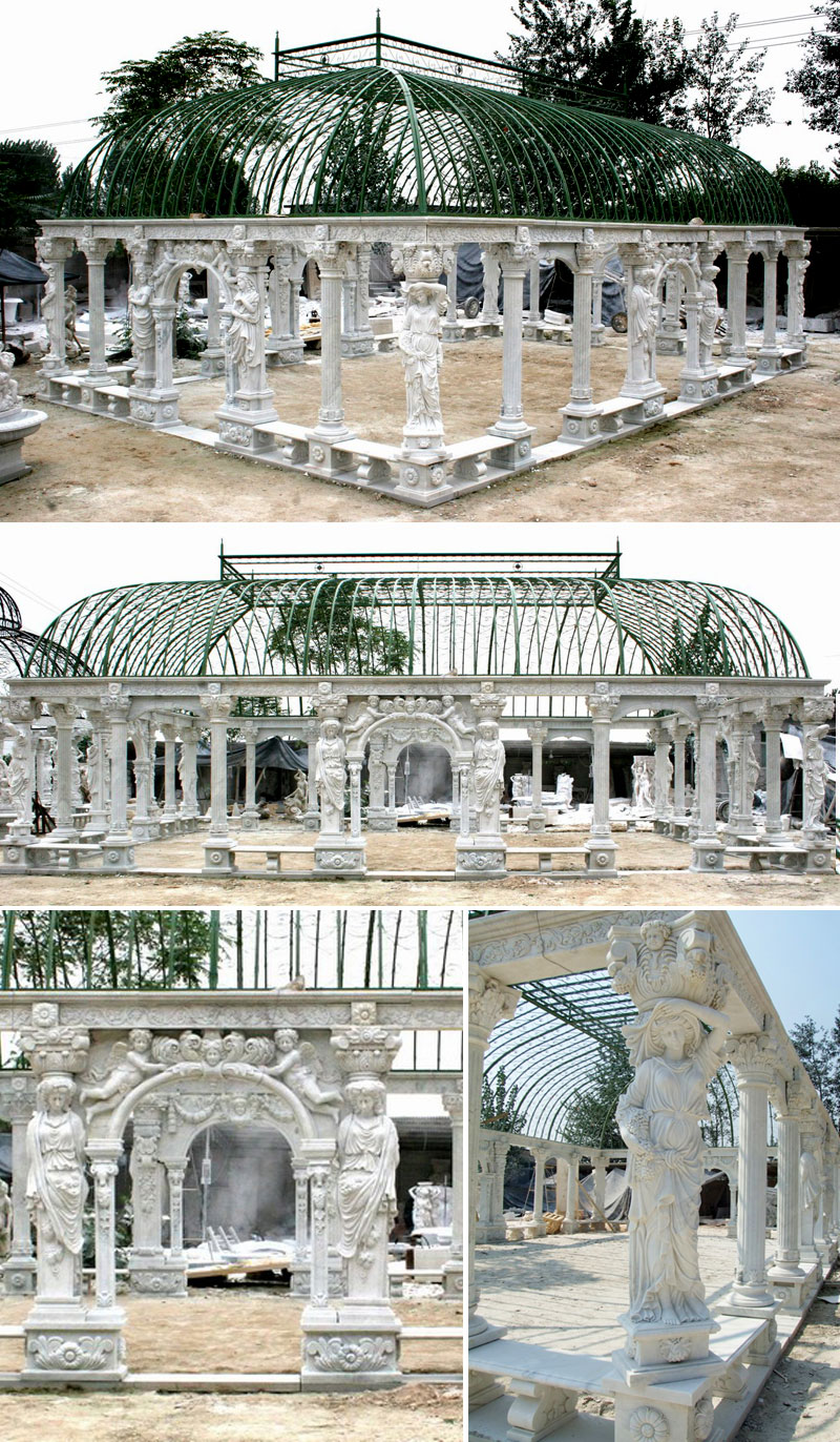Outdoor luxury white marble pavilion with wrought iron dome sit at the center of the hotel details