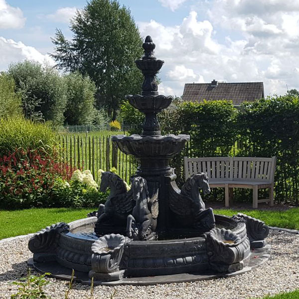 Black marble garden tiered water fountains with horse statues outdoor