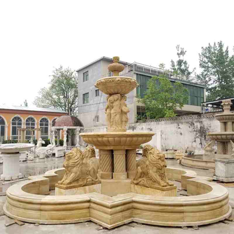 Large Size Natural Stone Yellow Marble Lion Fountain for Sale