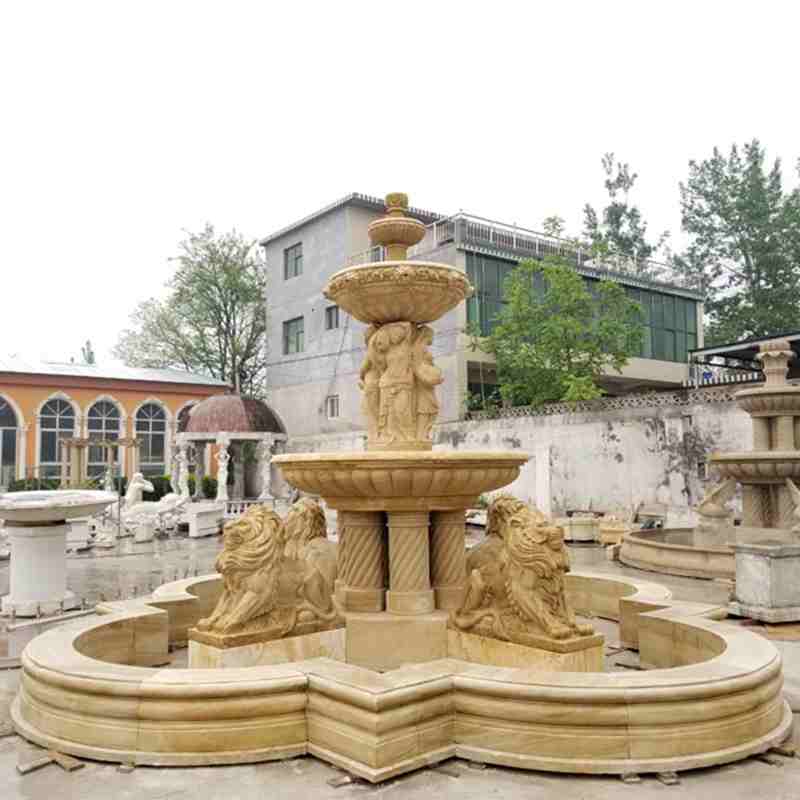 Large Size Natural Stone Yellow Marble Lion Fountain for Sale