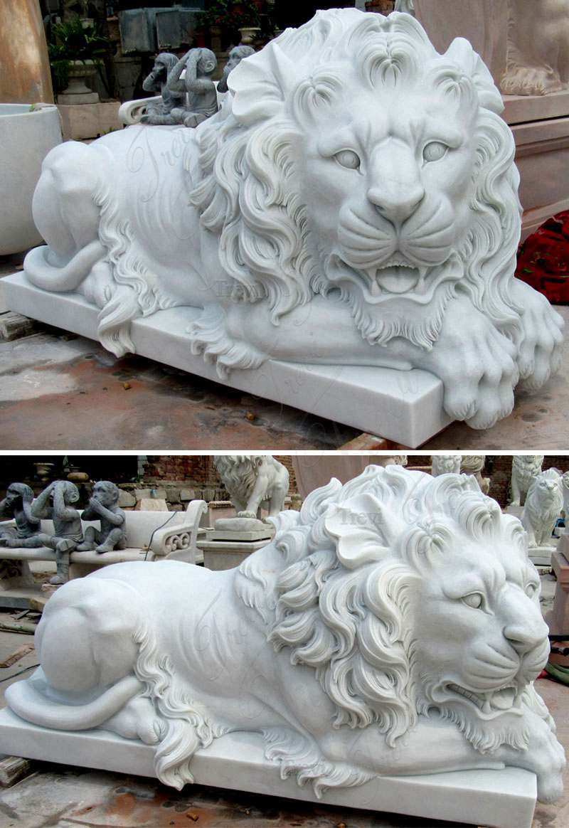 Details Hand Carved Natural White Marble Lying Lion Statue for Sale Supplier MOKK-109