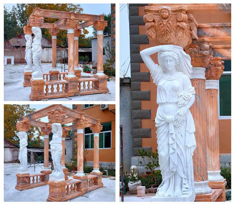 Details on Sunset Red Garden Marble Gazebo with Lady Statue