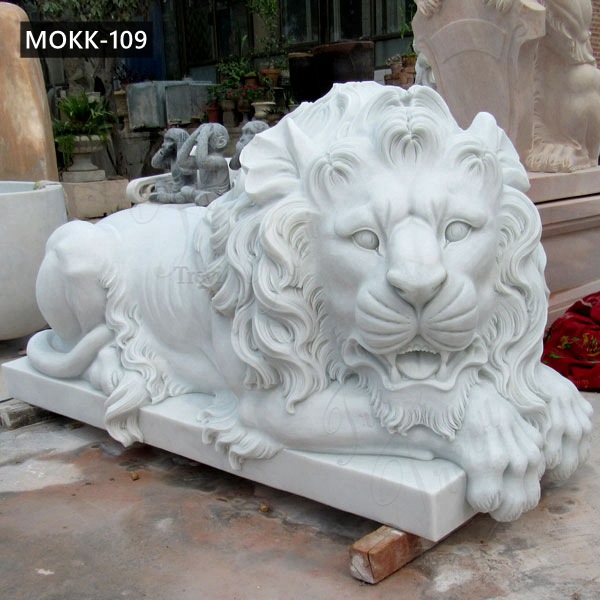 Hand Carved Natural White Marble Lying Lion Statue for Sale MOKK-109