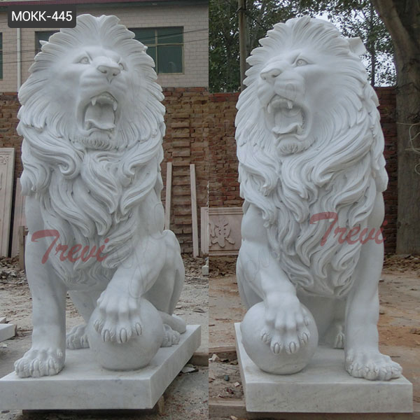 Large Guardian Western Stone Marble Roaring Lion Statue with Ball Factory Supply MOKK-445