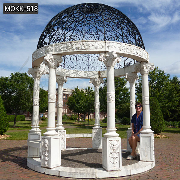 Outdoor White Marble Gazebo Natural Stone Pillar Pavilion with Iron Hat Supplier MOKK-518