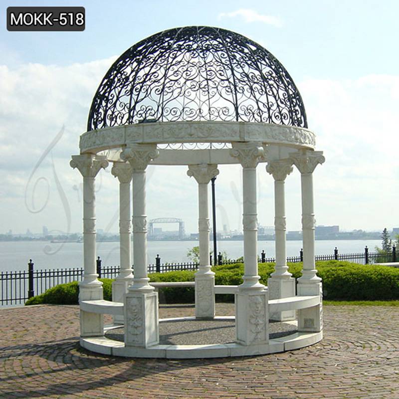 Outdoor White Marble Gazebo Natural Stone Pillar Pavilion with Iron Hat