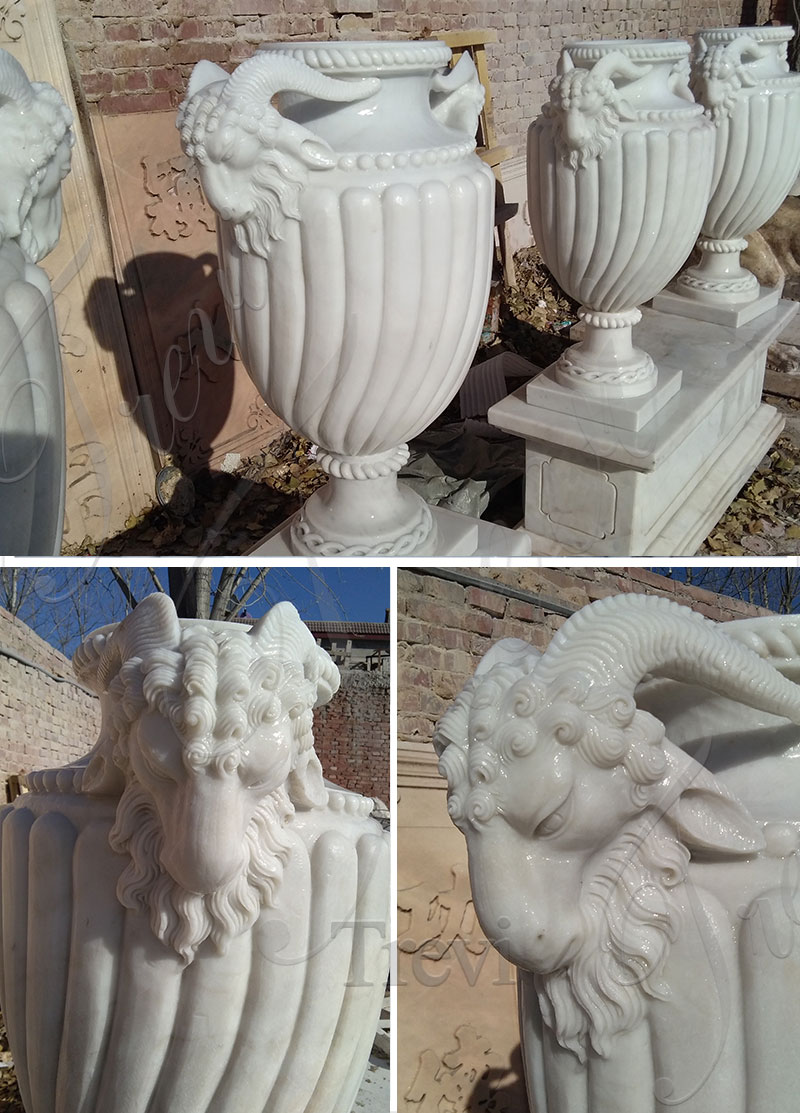 Beautiful Hand Carved White Marble Planter Flower Pots Details