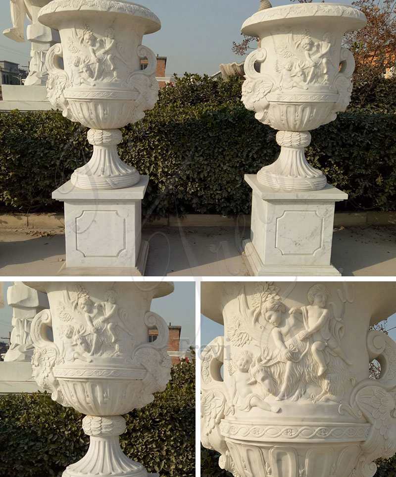 Outdoor Pair of Hand Carved White Marble Planter Flower Pots