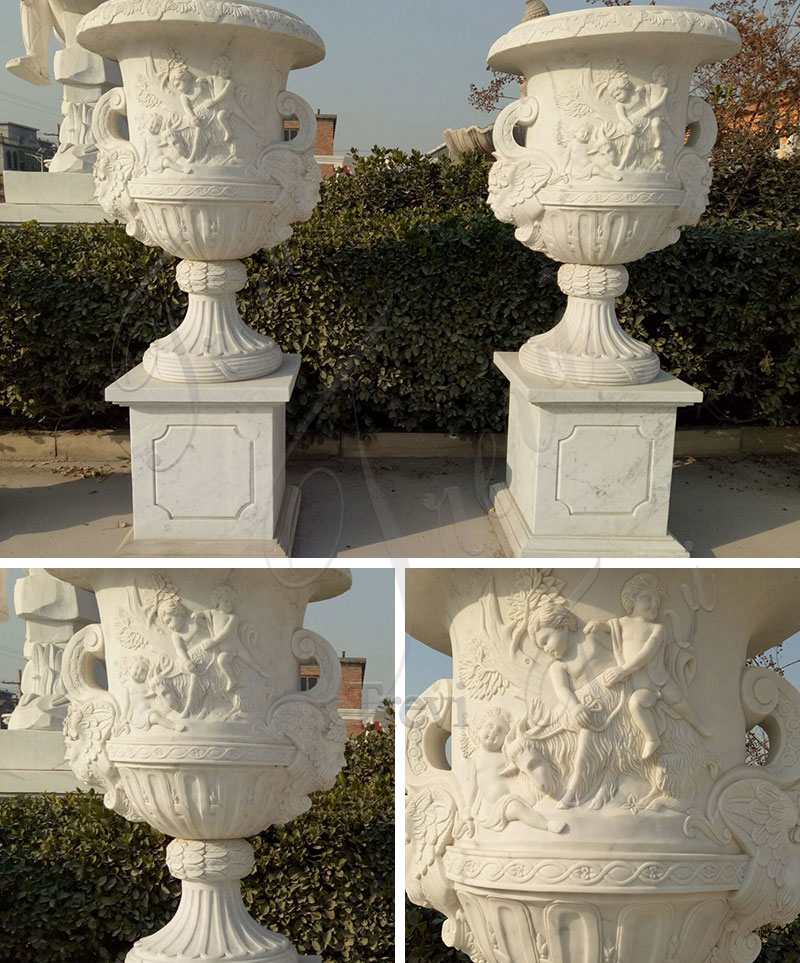 Outdoor Pair of Hand Carved White Marble Planter Flower Pots