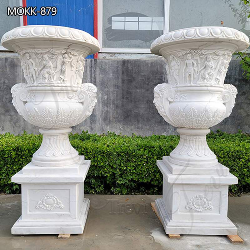 Hand Carved White Marble Flower Pots Outdoor Garden Decor for Sale MOKK-879