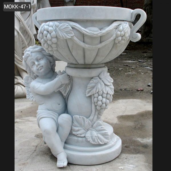 Exquisite White Marble Flower Pots with Baby Angel Outdoor Decor MOKK-47-1