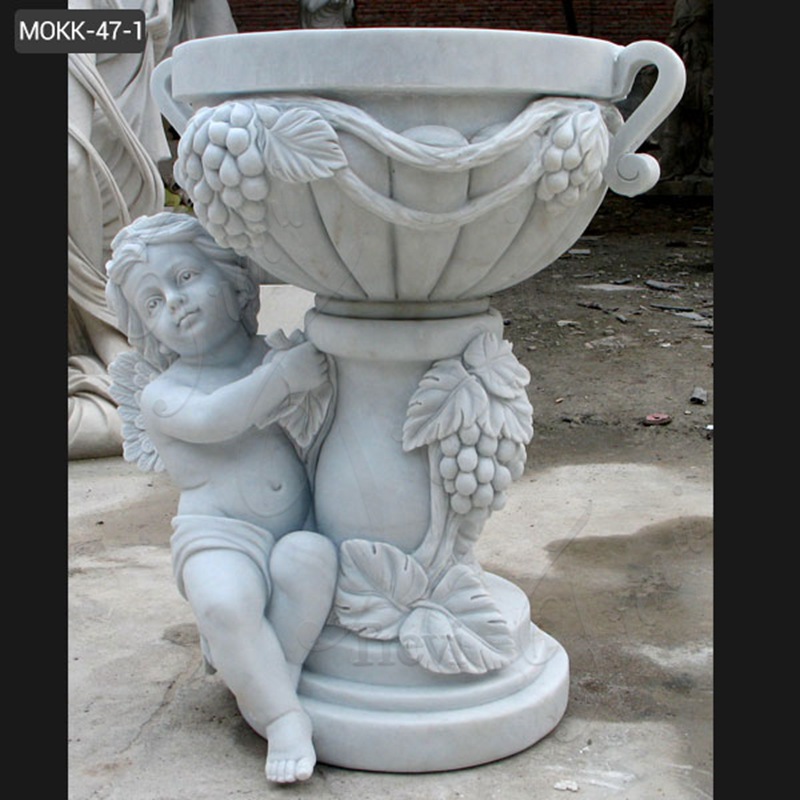 Exquisite White Marble Flower Pots with Baby Angel Outdoor Decor MOKK-47-1