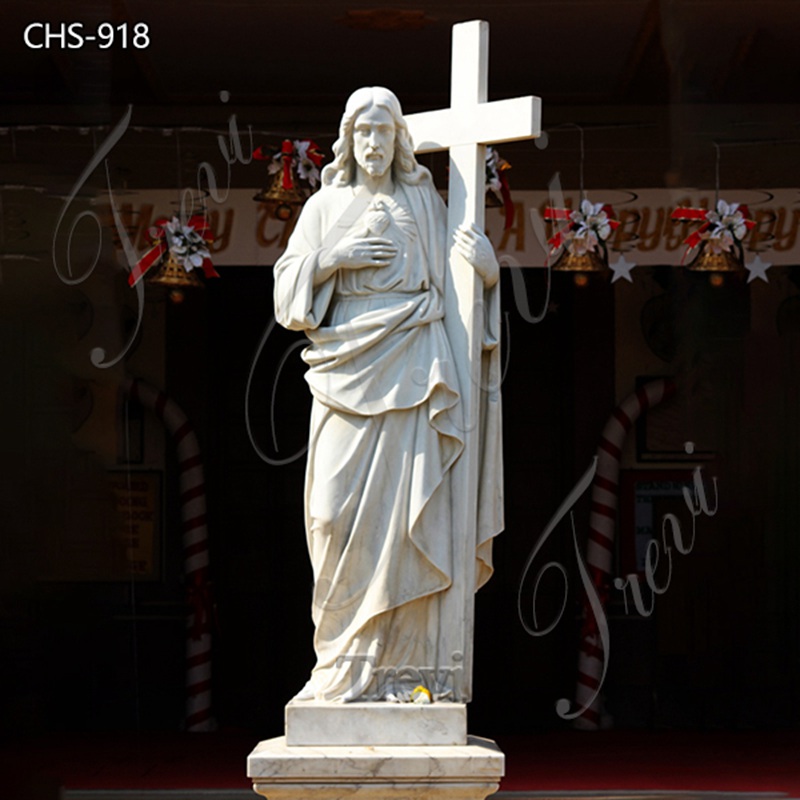 Hand-carved White Marble Jesus Statue Holding the Cross